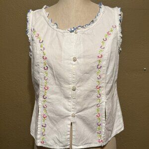 ROSANNA SLEEVELESS CROPPED PAJAMA TOP WHITE WITH FLORAL STITCHING - MEDIUM 4 6